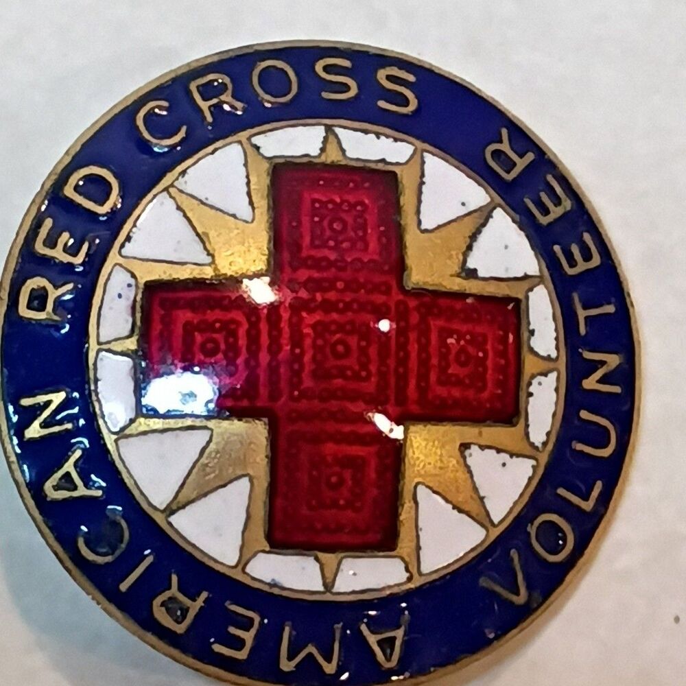 Vintage 1940s-1950s American Red Cross Volunteer Lapel Pin Enamel Gold Tone ARC